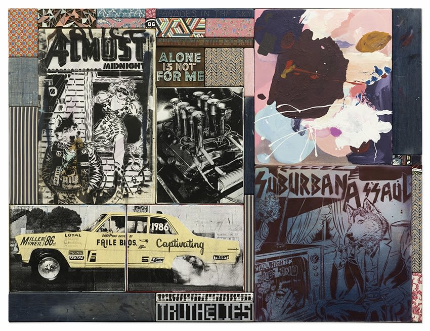 Faile Almost Alone, Truth and Lies Acrylic, spraypaint, silkscreen ink and fabric on wood, carved wood, steel frame 213 x 164 x 8 cm 84 x 64,5 x 3 in