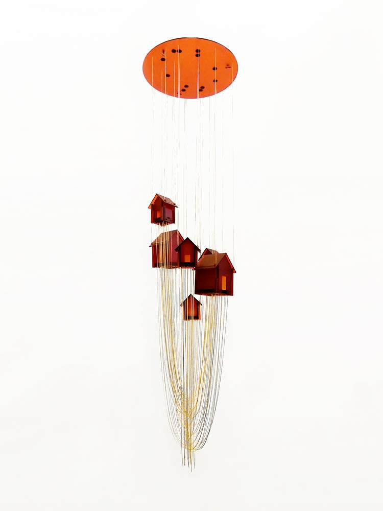 David Moreno Pendant Floating Community V Lasercut, acrylic, Brass chain, Bordeaux 30 x 30 x 130 cm