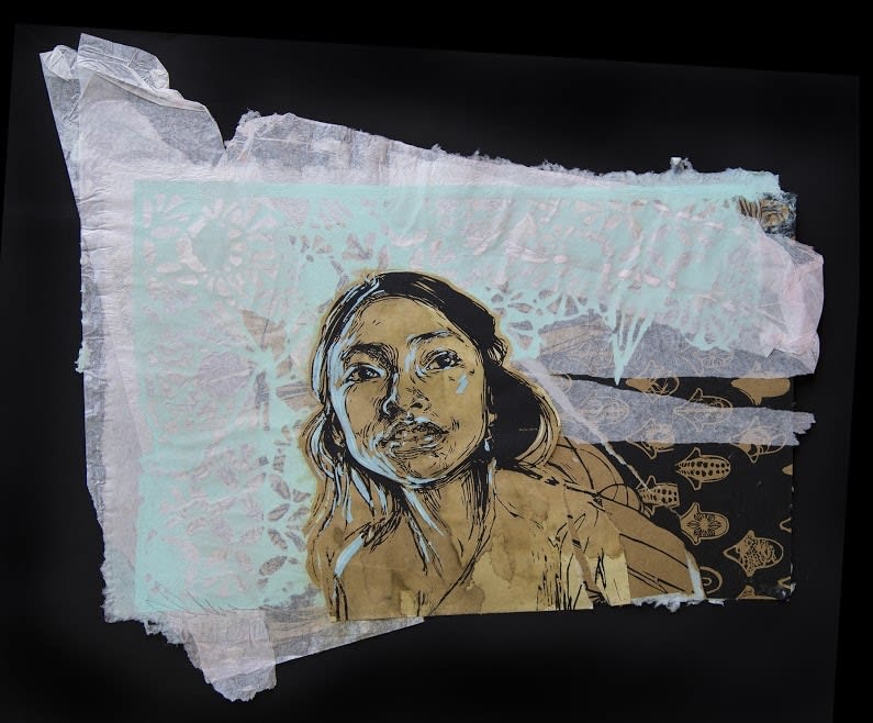 Swoon Helena Hand painted with silkscreen ink and acrylic gouache on handmade paper *Paper made by the artist 41 x 50 cm 16" x 19"