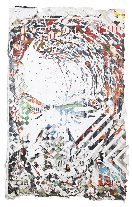 Vhils Decrease 03 Advertising posters collected from the street, hand carved and laser cut 196 x 122 cm