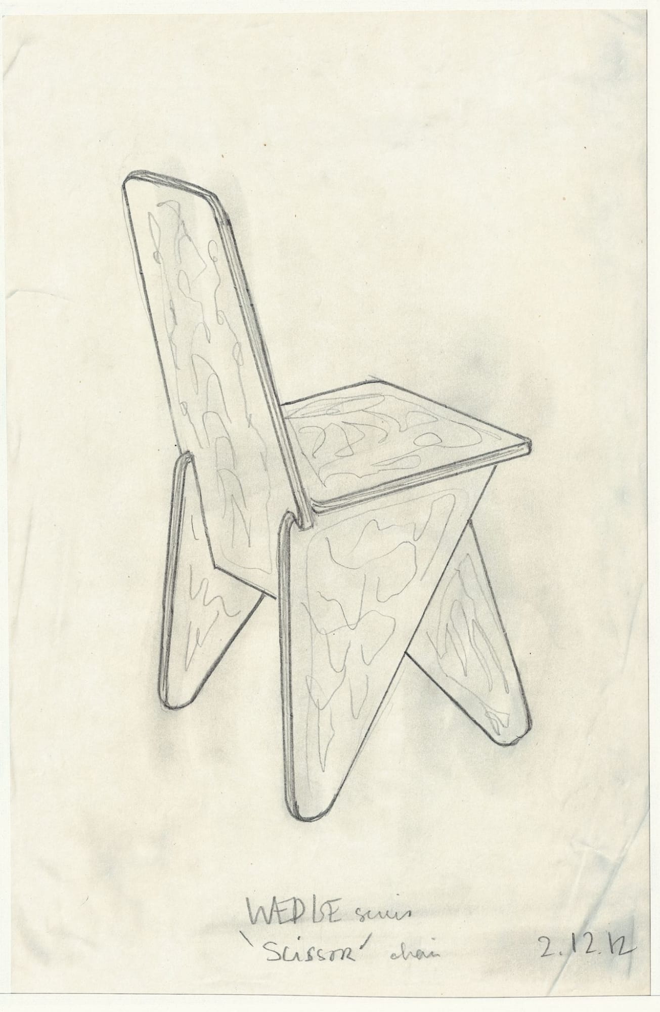 Michael Boyd for PLANEfurniture, Drawing of WEDGEseries 'Scissor' chair- 3/4 back view, 2012