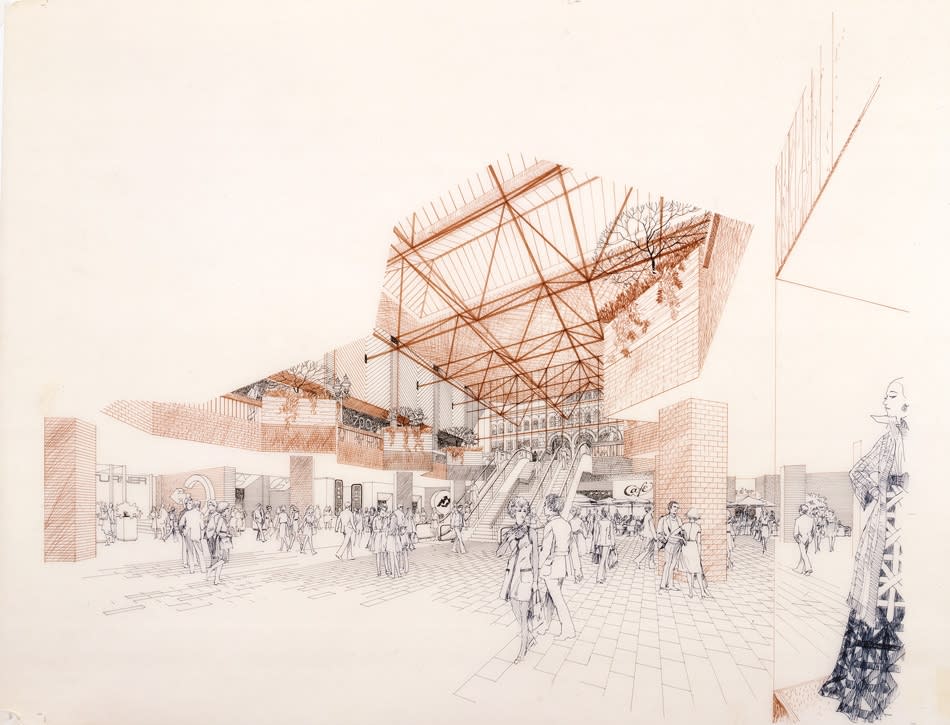 Carlos Diniz, Broadway Plaza - Vignette View of Shopping Area on Garden Level (H), 1973