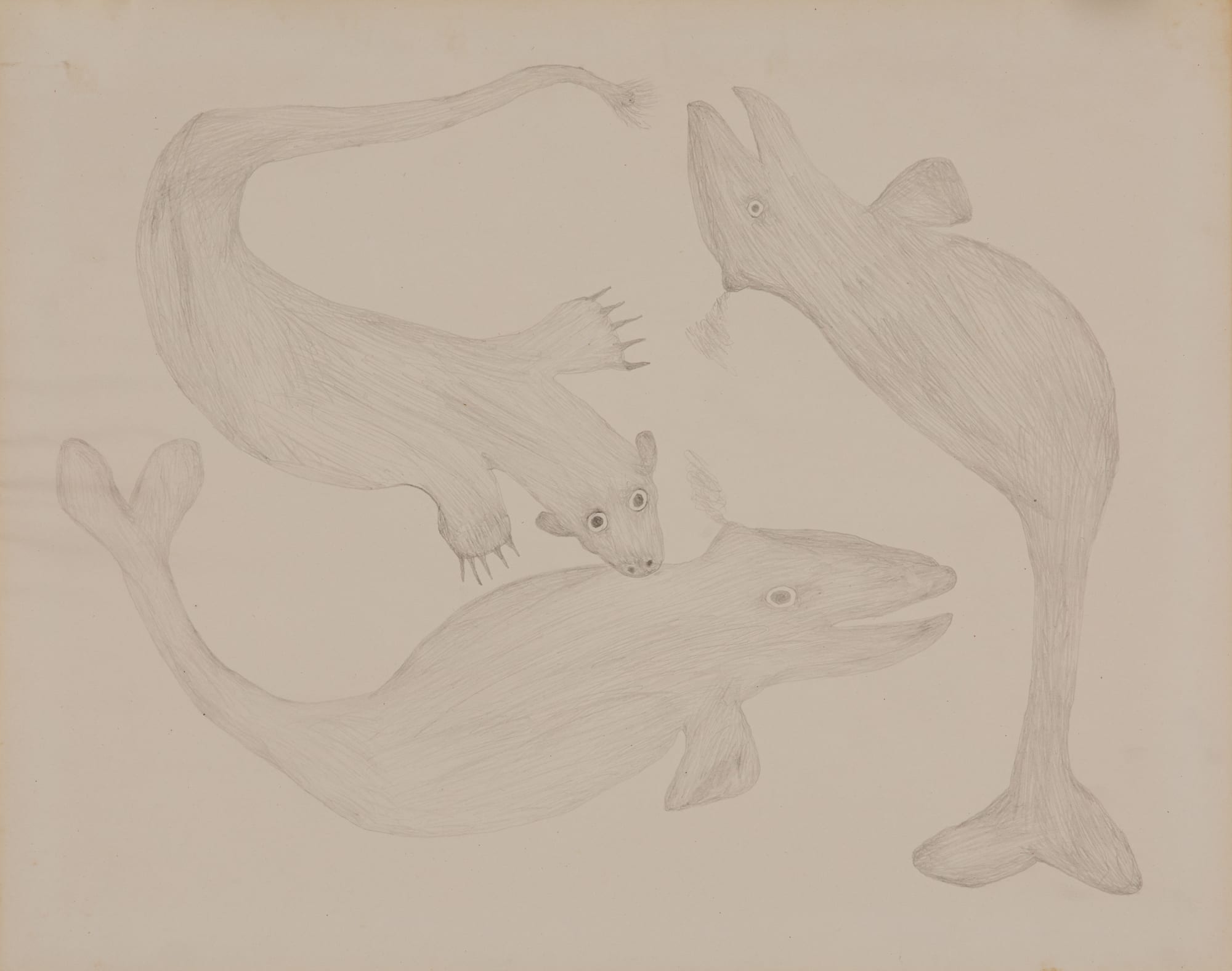 KIAKSHUK (1886-1966) KINNGAIT (CAPE DORSET) Polar Bear Attacking Beluga Whales,, c. 1960-5 graphite on paper, 18 x 22.5 in (45.7 x 57.1 cm)