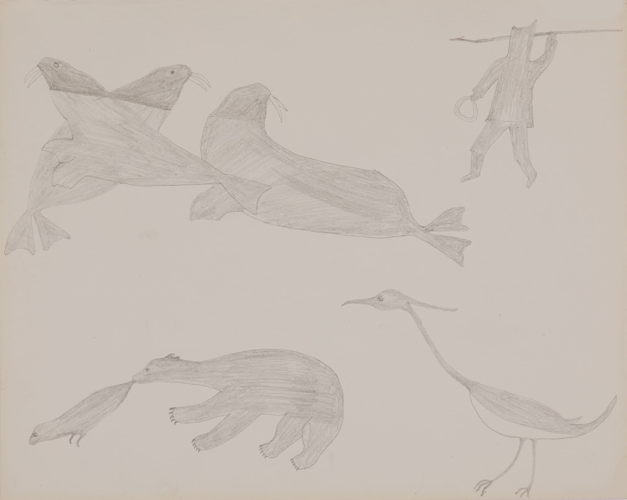SHEOUAK PETAULASSIE (1918-1961) KINNGAIT (CAPE DORSET) Hunter Approaching a Herd of Walrus, Bear with Captured Seal, and Bird, c. 1960 graphite on wove paper, 16.5 x 21 in (41.9 x 53.3 cm)