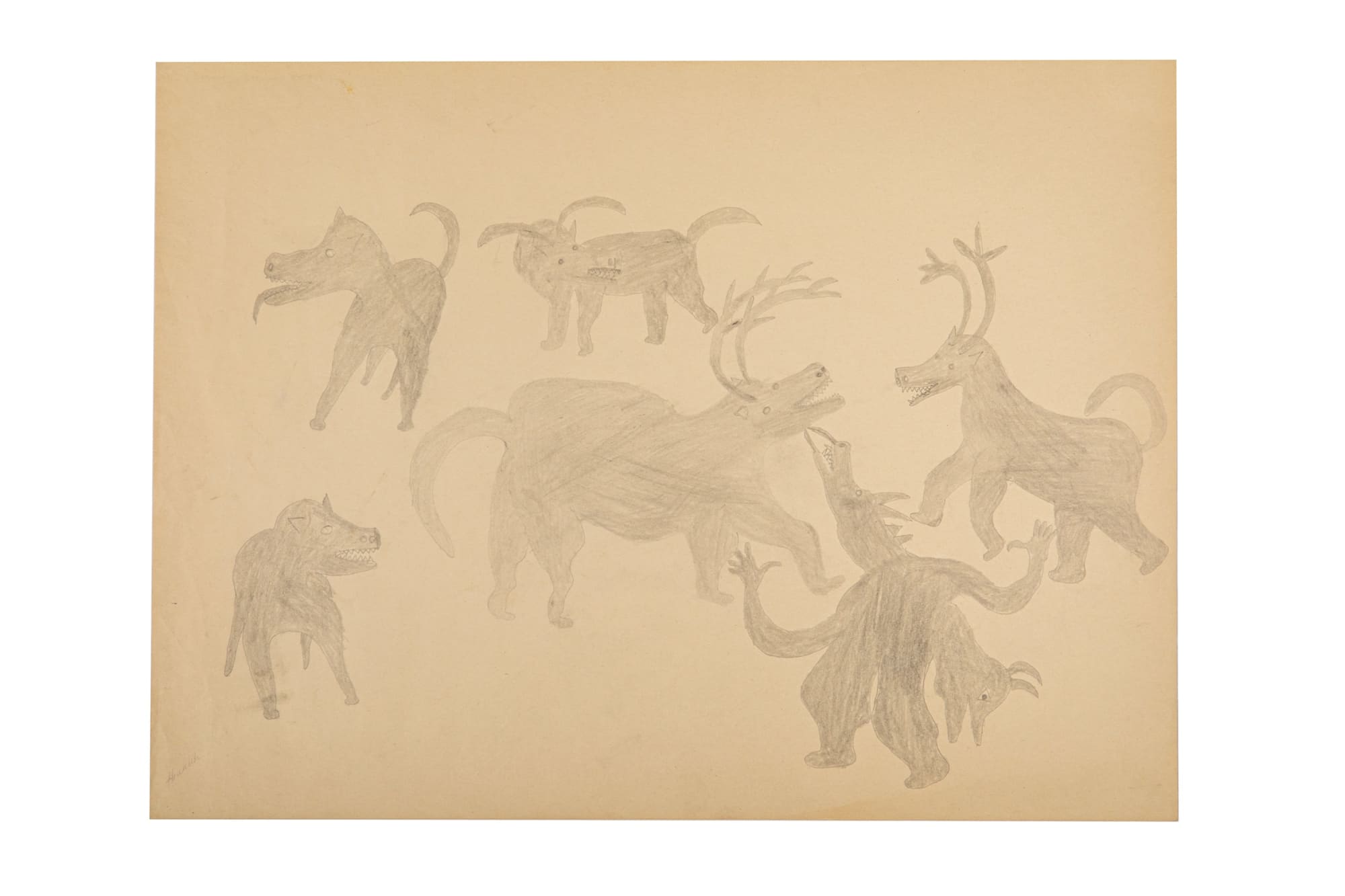 QAUNAQ (HAUNAK) MIKKIGAK (1932-2020) KINNGAIT (CAPE DORSET) Transforming Wolves and Caribou, c. 1960 graphite on paper, 18 x 24 in (45.7 x 61 cm)