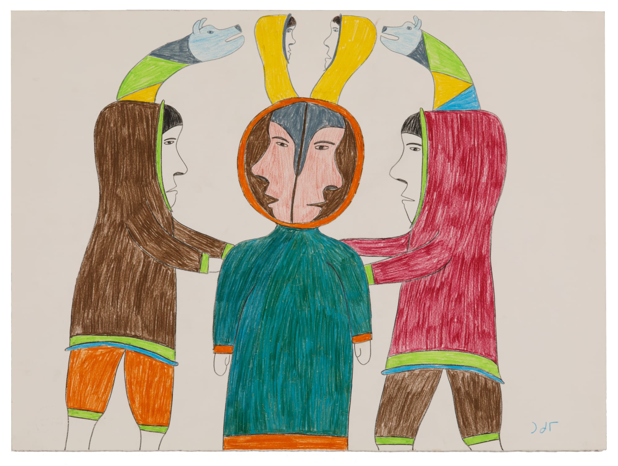 SIMON TOOKOOME (1934-2010) QAMANI’TUAQ (BAKER LAKE) Shaman Flanked by Men and Dogs, 1978 coloured pencil on heavy wove BFK Rives watermarked paper, with with Sanavik Cooperative Association embossed blindstamp, 22 x 30 in (55.9 x 76.2 cm)