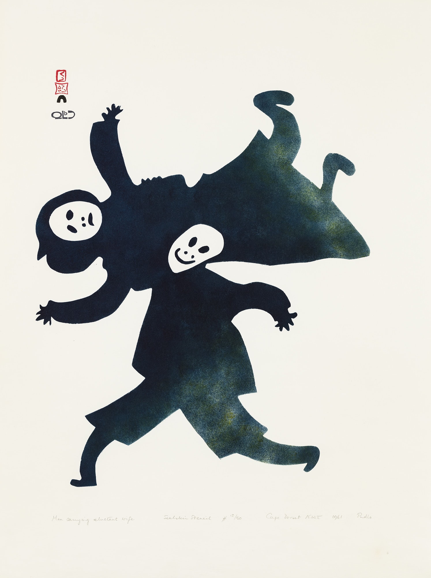 PUDLO PUDLAT (1916-1992) m., KINNGAIT (CAPE DORSET) Man Carrying Reluctant Wife, 1961 #16 stencil, 25 x 19 in (63.5 x 48.3 cm) Estimate: $6,000⁠⁠⁠&mdash; $9,000 Price realized: $19,200 A RECORD FOR THIS PRINT AT AUCTION