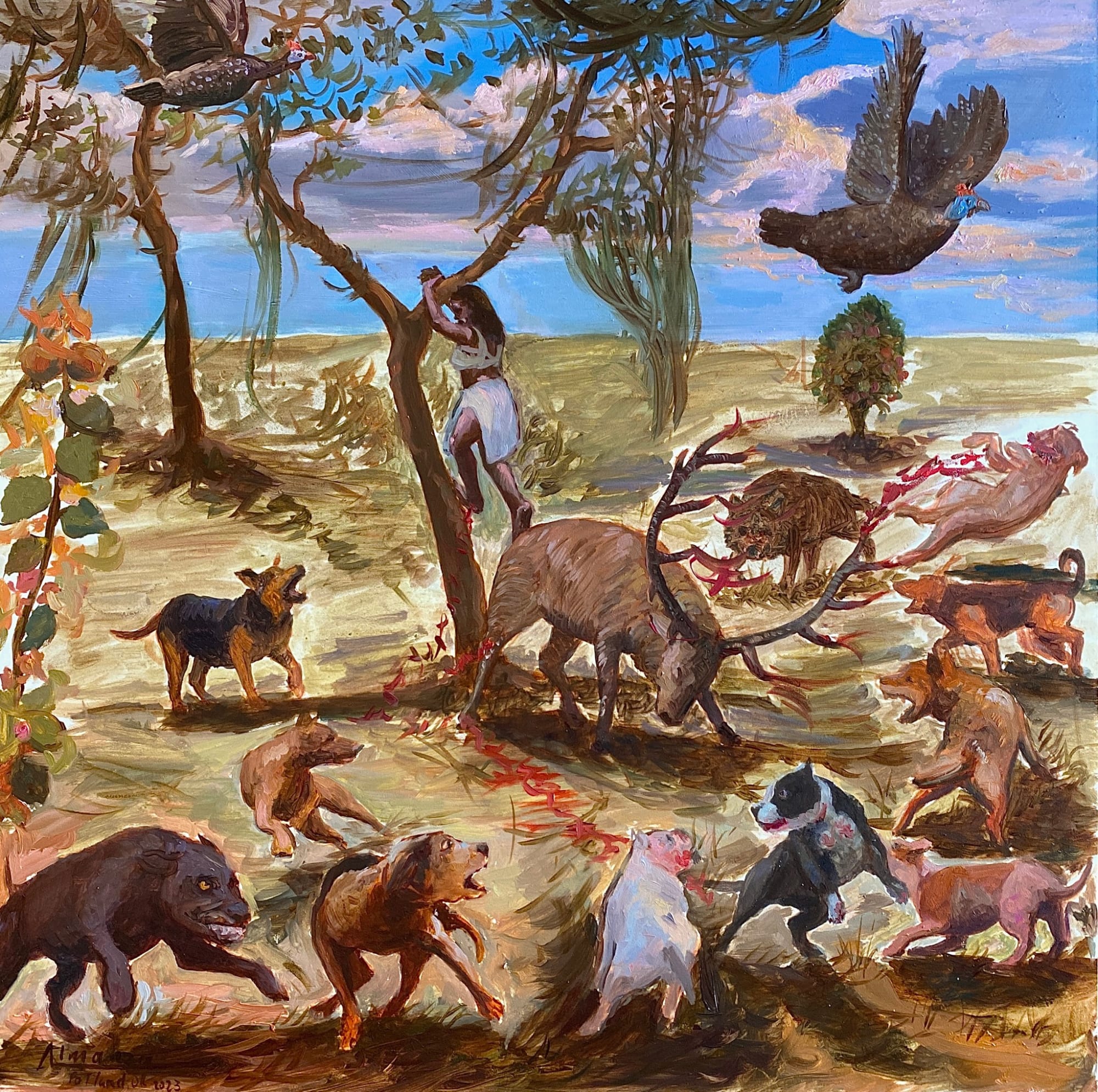 Orlando Almanza, Maroya and the Shapeshifter Surrounded by Wild Dogs Near the Yaquimo River, 2023