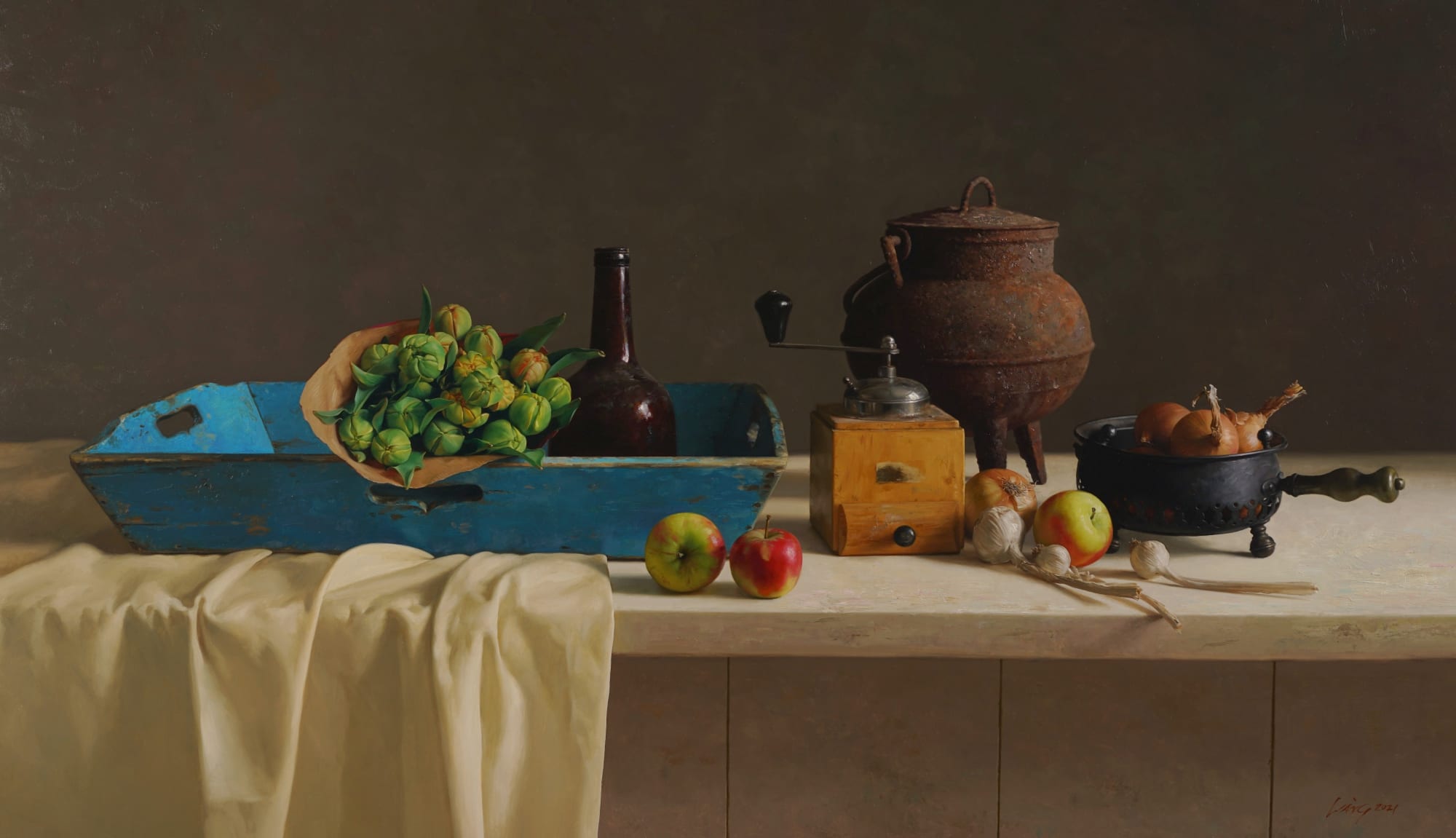 Qiangli Liang, Bos tulpen met koffiemolen, 2021