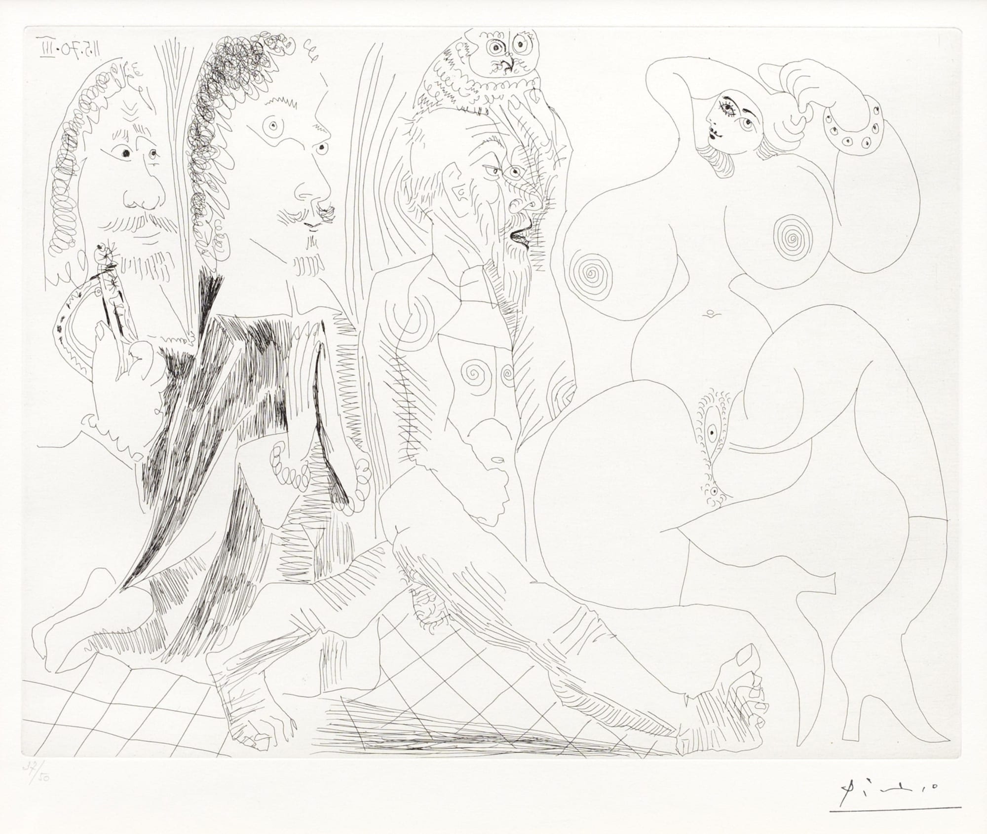 Pablo Picasso, Mousquetaire, abbé en prière, vieillard à la chouette et odalisque: Méduse, vierge ou simple femme?, 1970