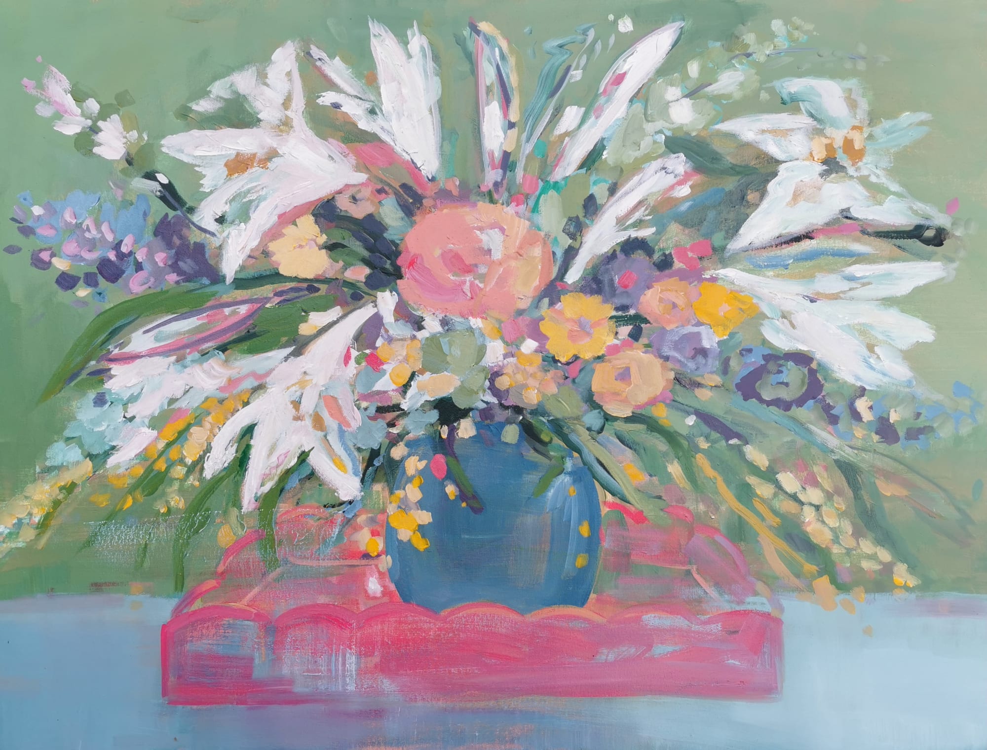 Mary McDonald, French Pink Marigolds, Lilies and Scalloped Tray