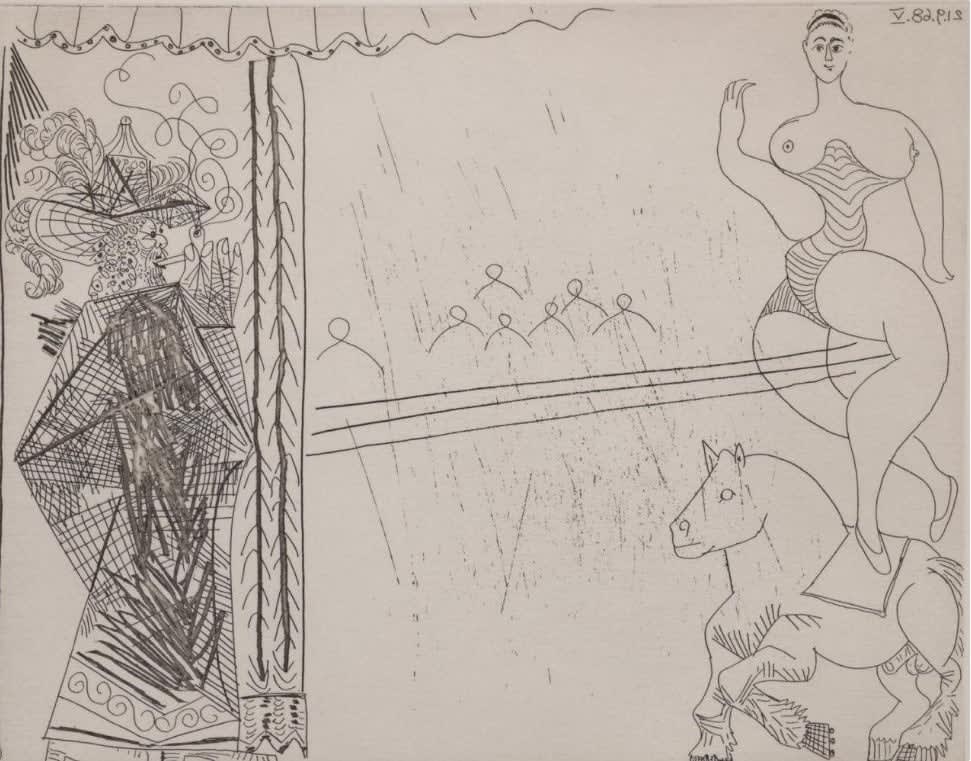 Pablo Picasso, Braggart in his Sunday Best behind the Scenes of a Circus, 1968