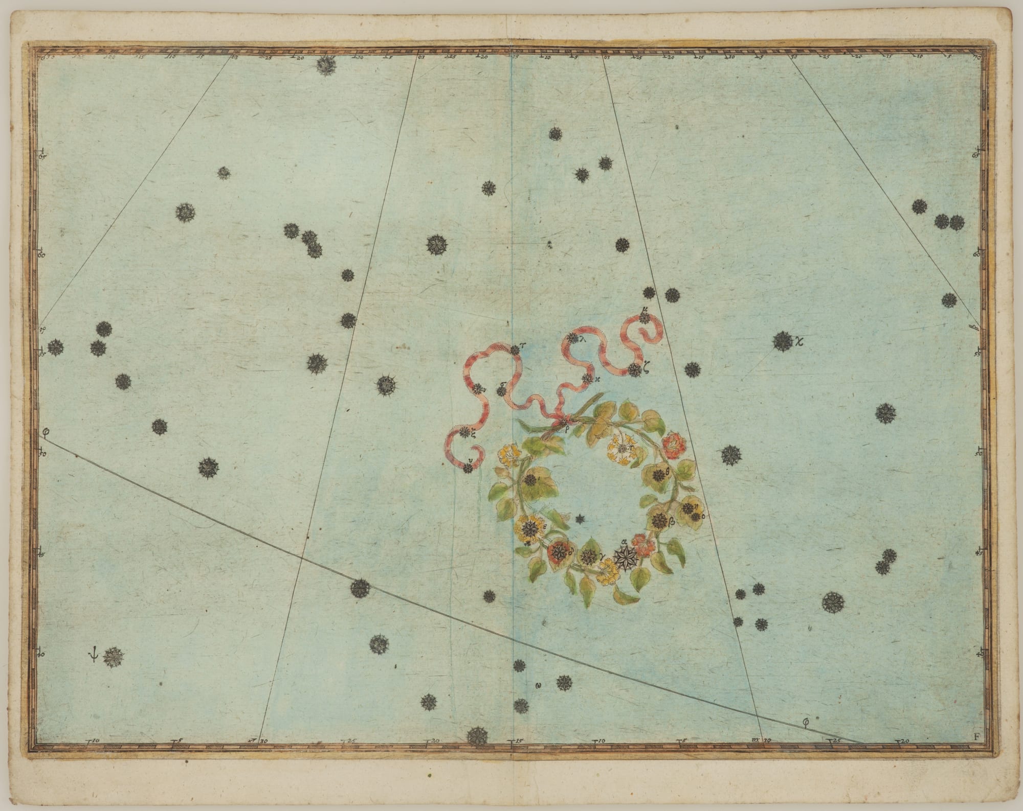Johann Bayer 1572-1625Uranometria: Corona Borealis, 1639 hand-coloured engraving, with gold highlights (book page) 28.5 x 38 cm (unframed)