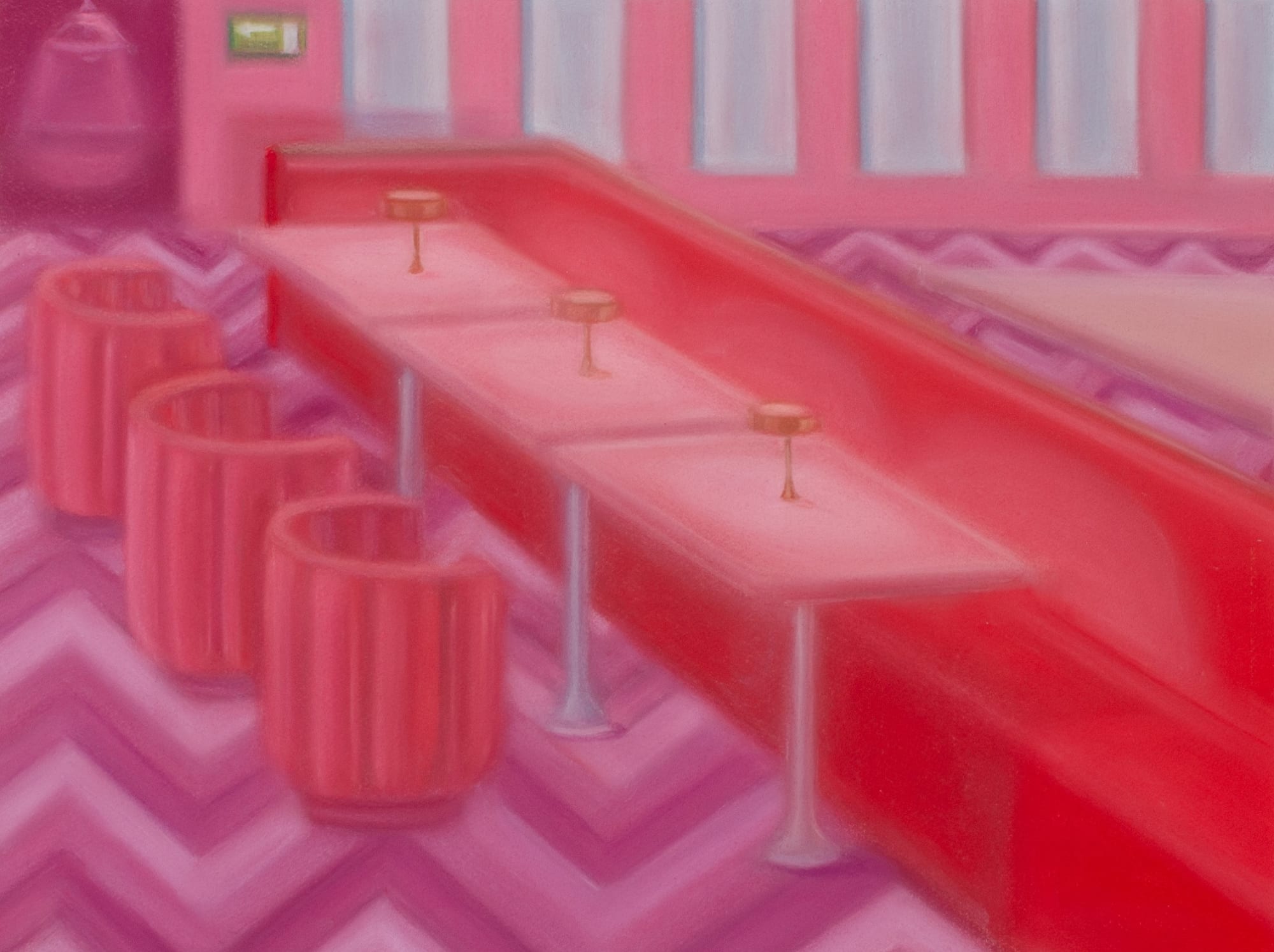 Lucy O'Doherty, Illuminated tables and red booths in vacant restaurant, 2021
