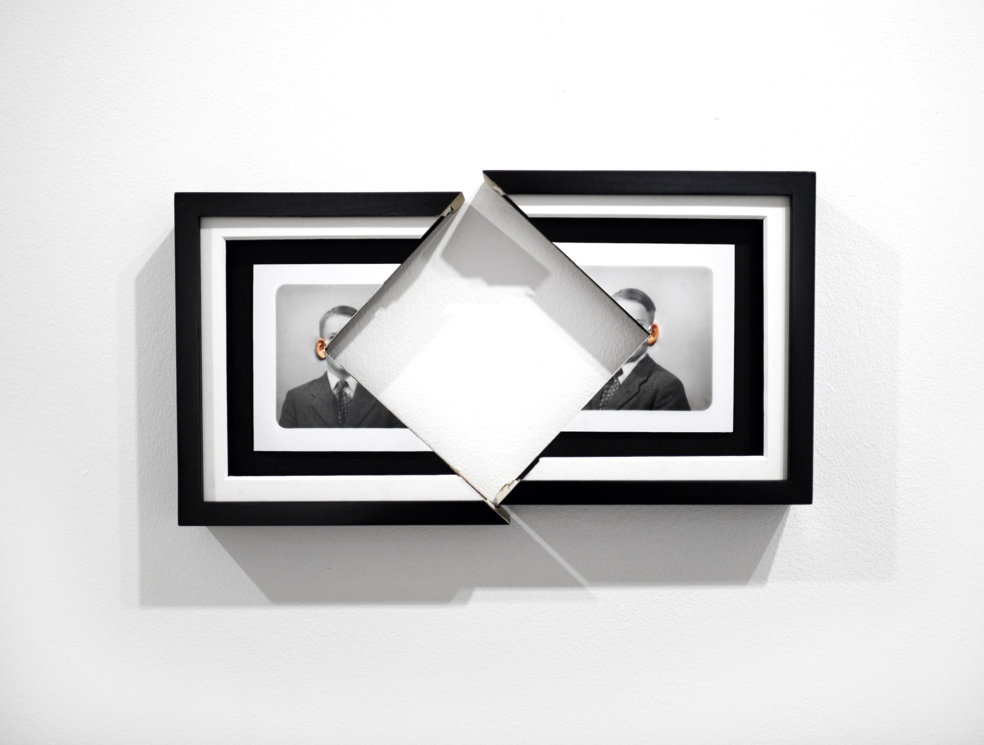 Jonny Briggs, Hearing Square (artist's ears bursting through photographs of his father), 2022