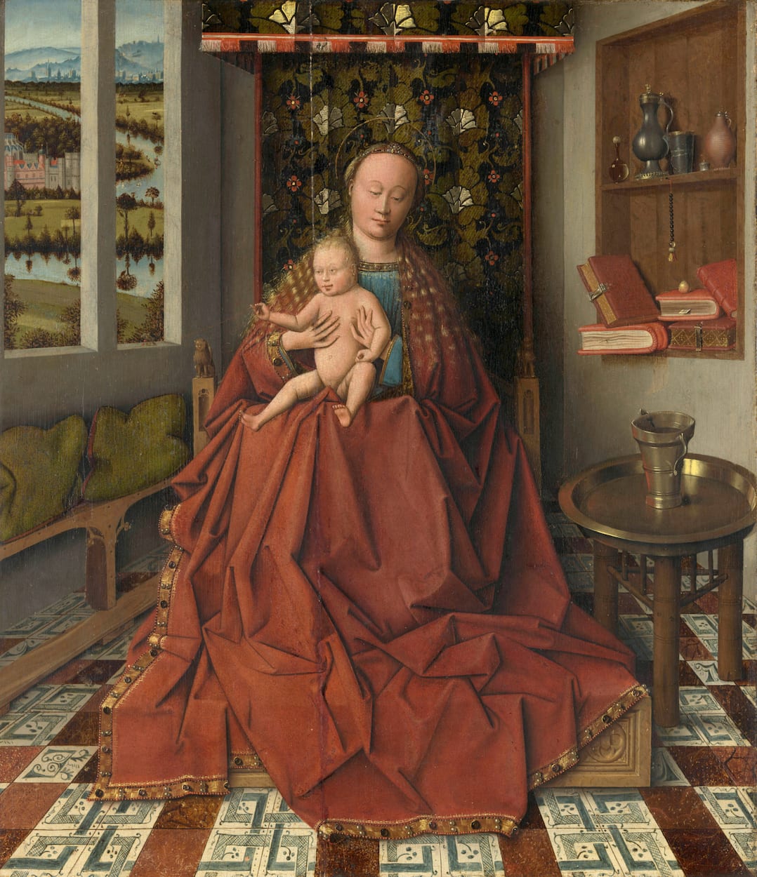 Follower of Jan van Eyck, Madonna and child in an interior