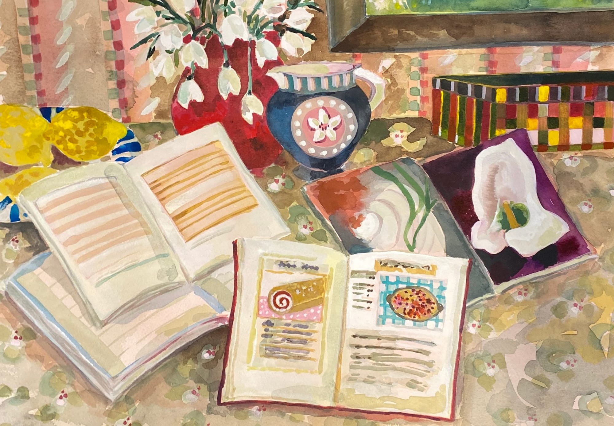 Lottie Cole, Table with Agnes Martin, Georgia O’keefe, Cherry Roulade & Clafoutis , 2022