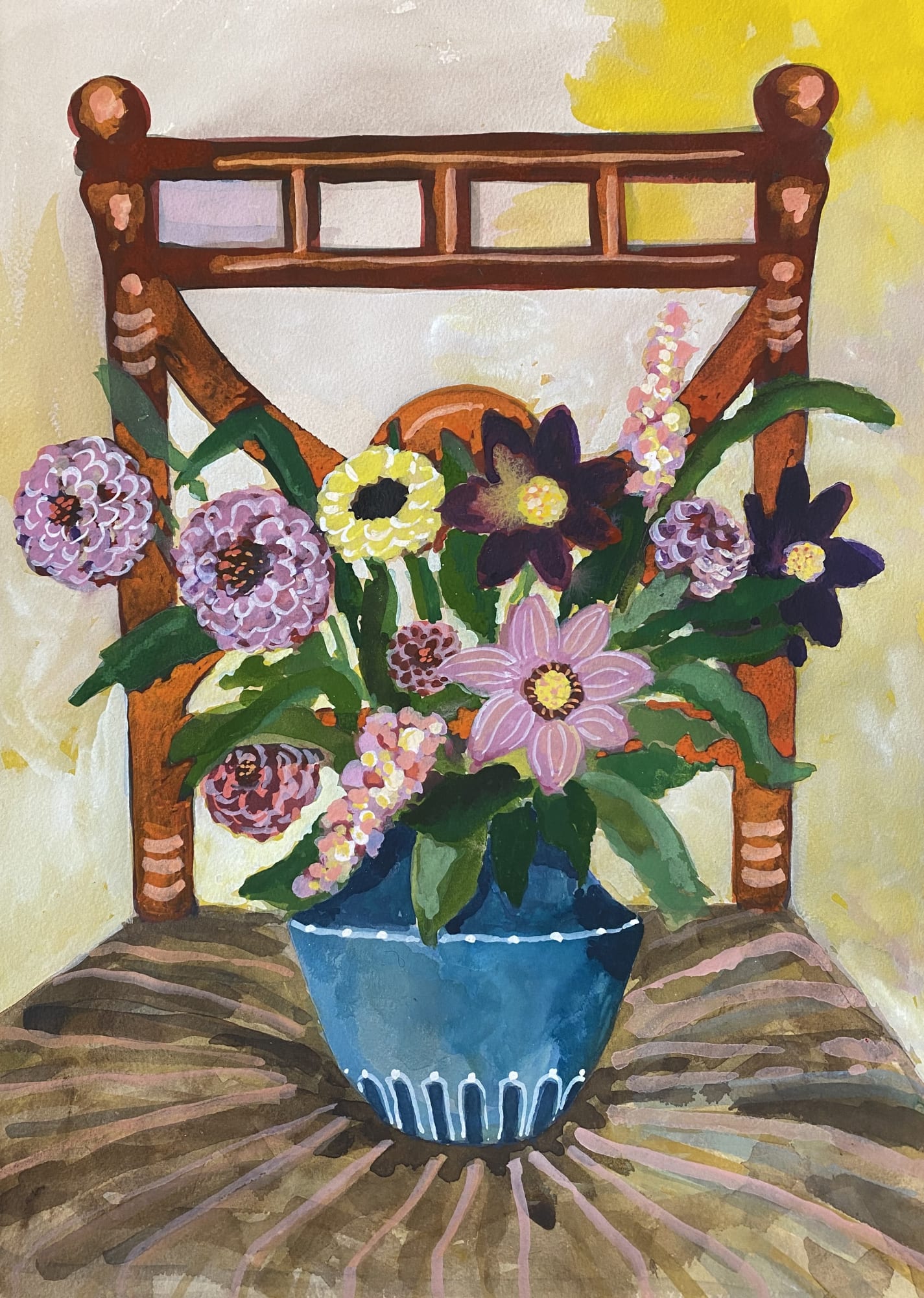Lottie Cole, Dahlias, Larkspur & Cosmos on a Chair, 2022