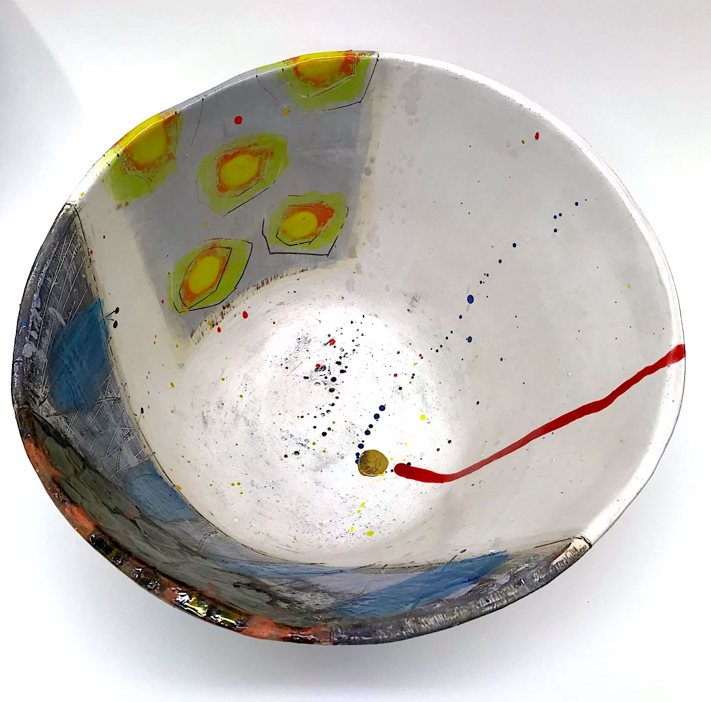 Linda Styles, Large open bowl with red drip and gold dot detail, organic abstract in nature, 2019