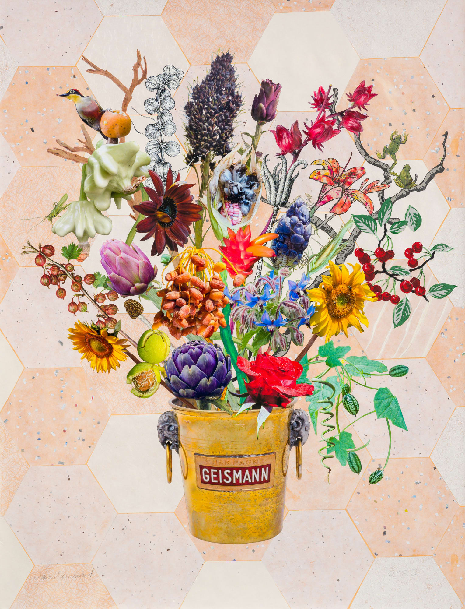 Jane Hammond, Champagne Bucket with Mouse Melons, Huitlacoche and Texas Black Sorghum, 2022