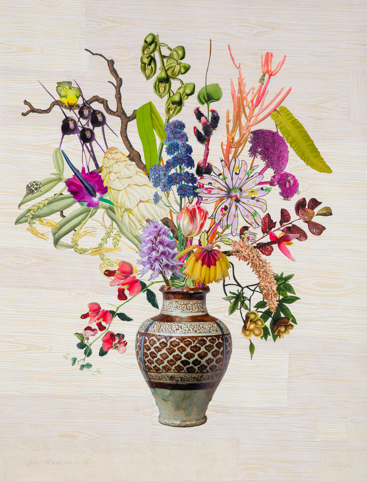 Jane Hammond, Raqqa Vase with Angelica, Firesticks and Monkey Face Orchid, 2022