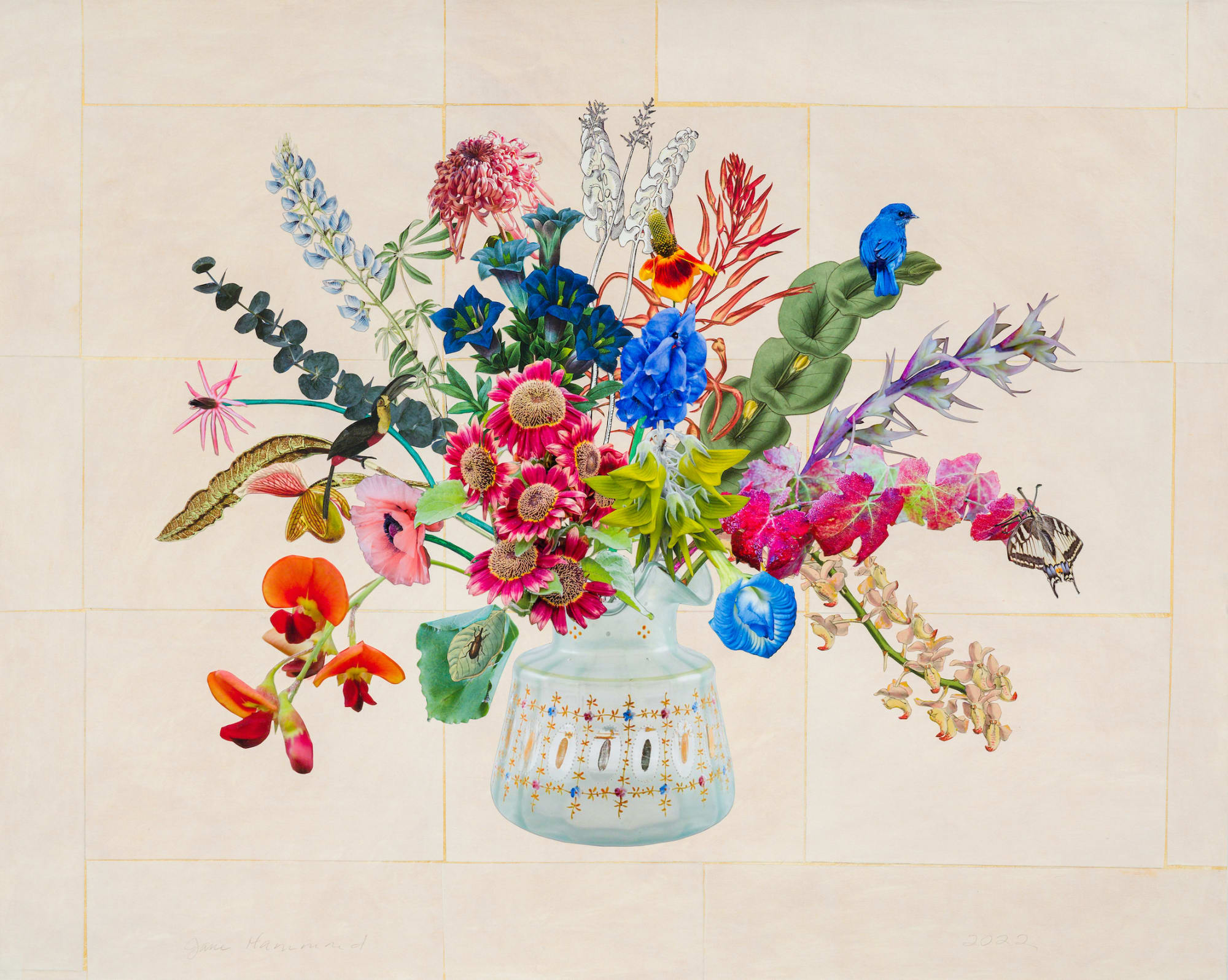 Jane Hammond, Venetian Glass with Monkshood, Lupine and Toucan, 2022