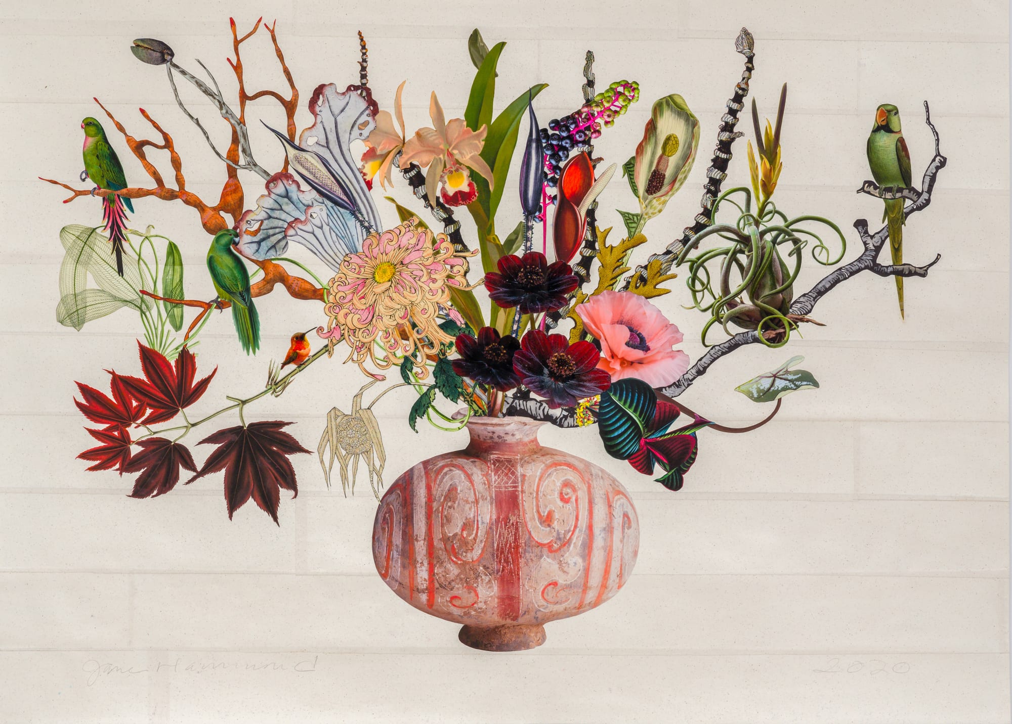 Jane Hammond, Han Dynasty Cocoon Jar with Chocolate Cosmos, Roseate Parakeet and Blushing Philodendron, 2020