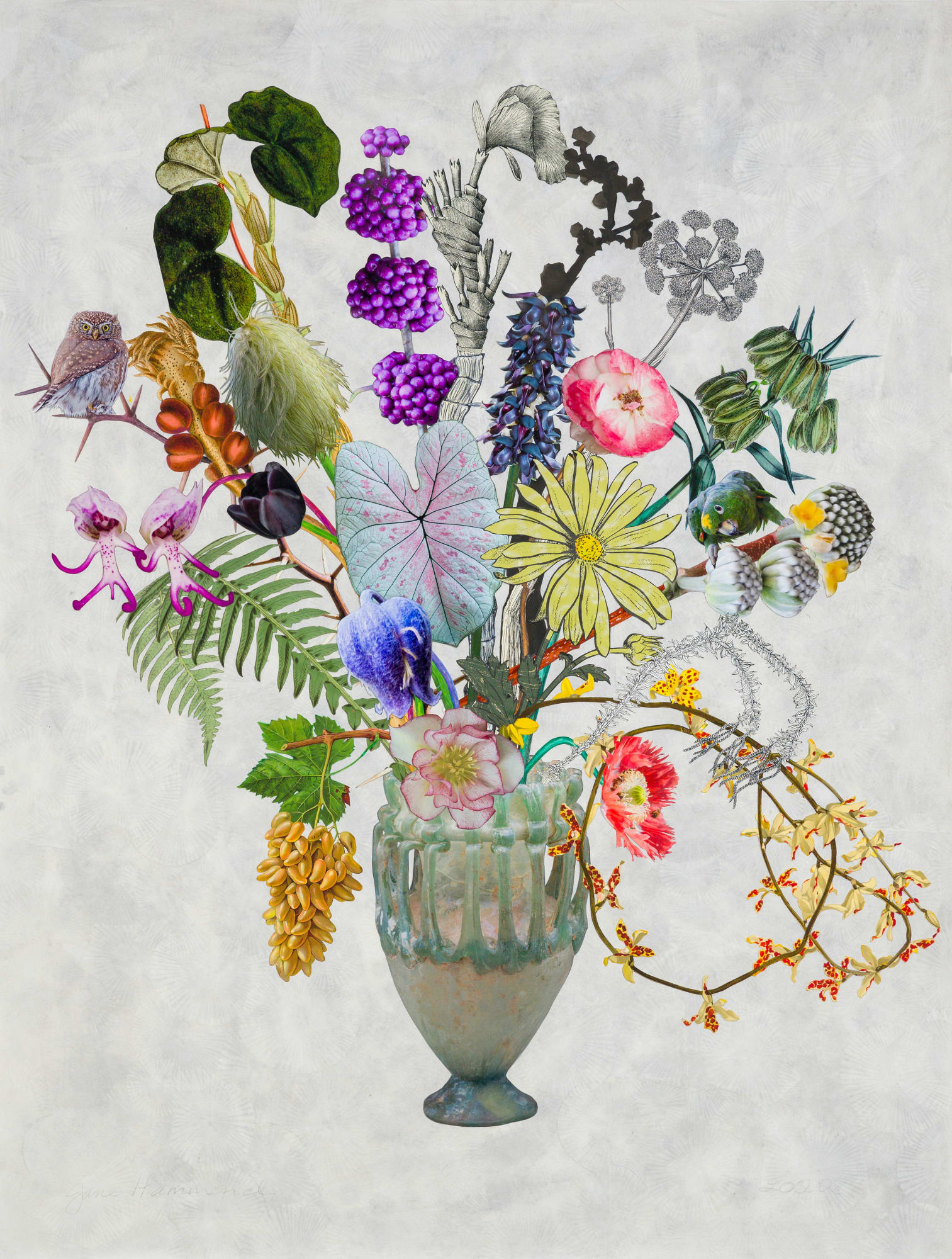 Jane Hammond, Roman Glass with Prairie Anemone, Naked Man Orchid and Pygmy Owl, 2022