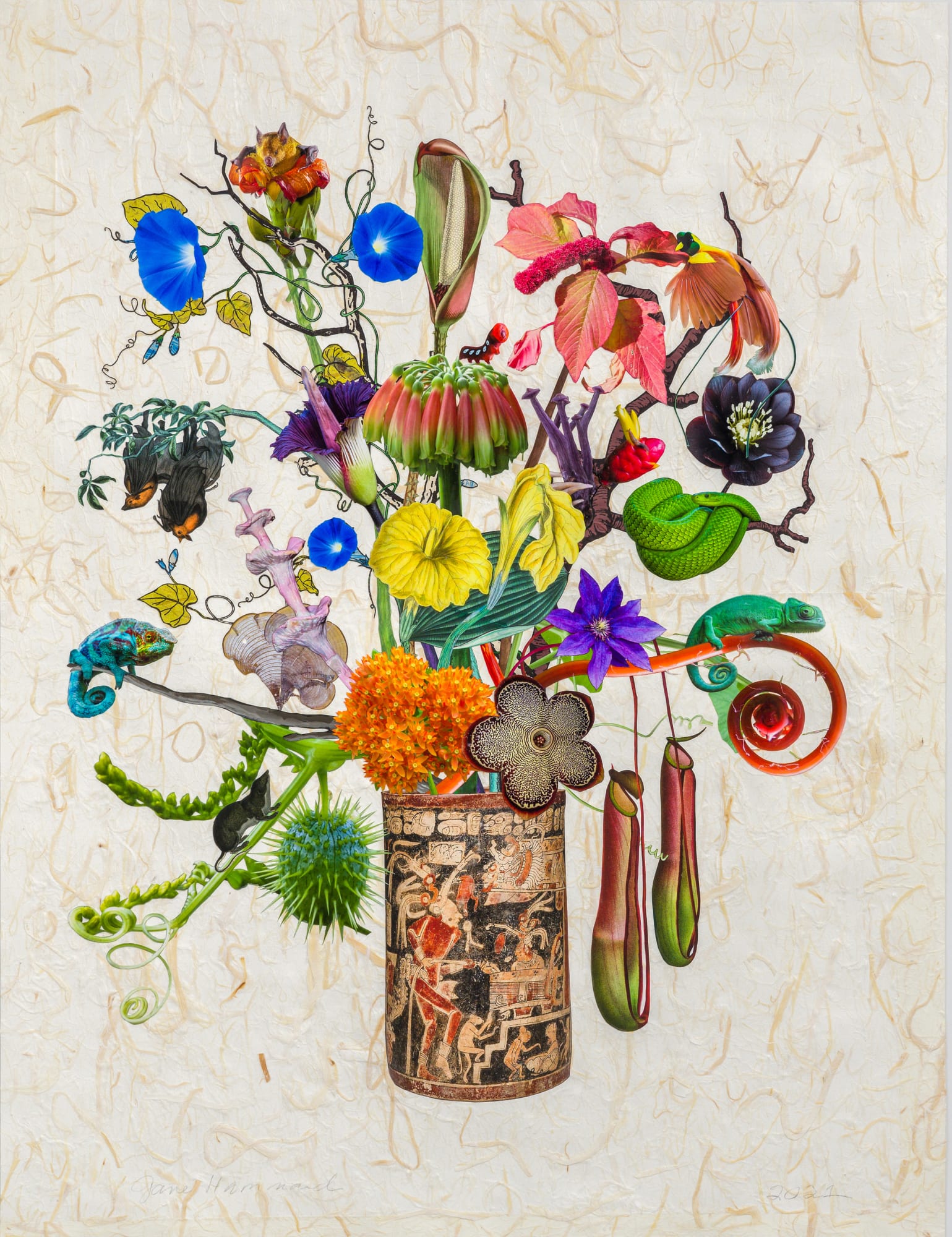 Jane Hammond, Mayan Cylinder with Green Mamba, Sphinx Moth Caterpillar and Bird of Paradise, 2021
