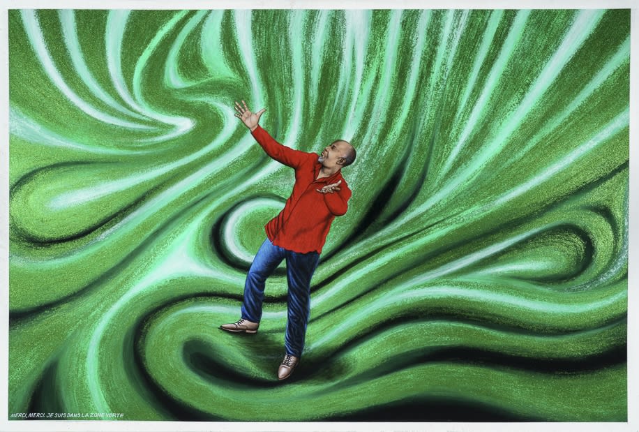 Chéri Samba Merci, merci je suis dans la zone verte Acrylique et paillettes sur toile 135 x 200 cm