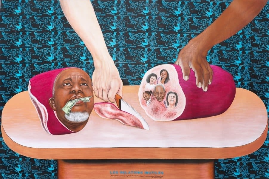 Chéri Samba Les relations inutiles Acrylique et paillettes sur toile 135 x 200 cm 53 1/10 × 78 7/10 in