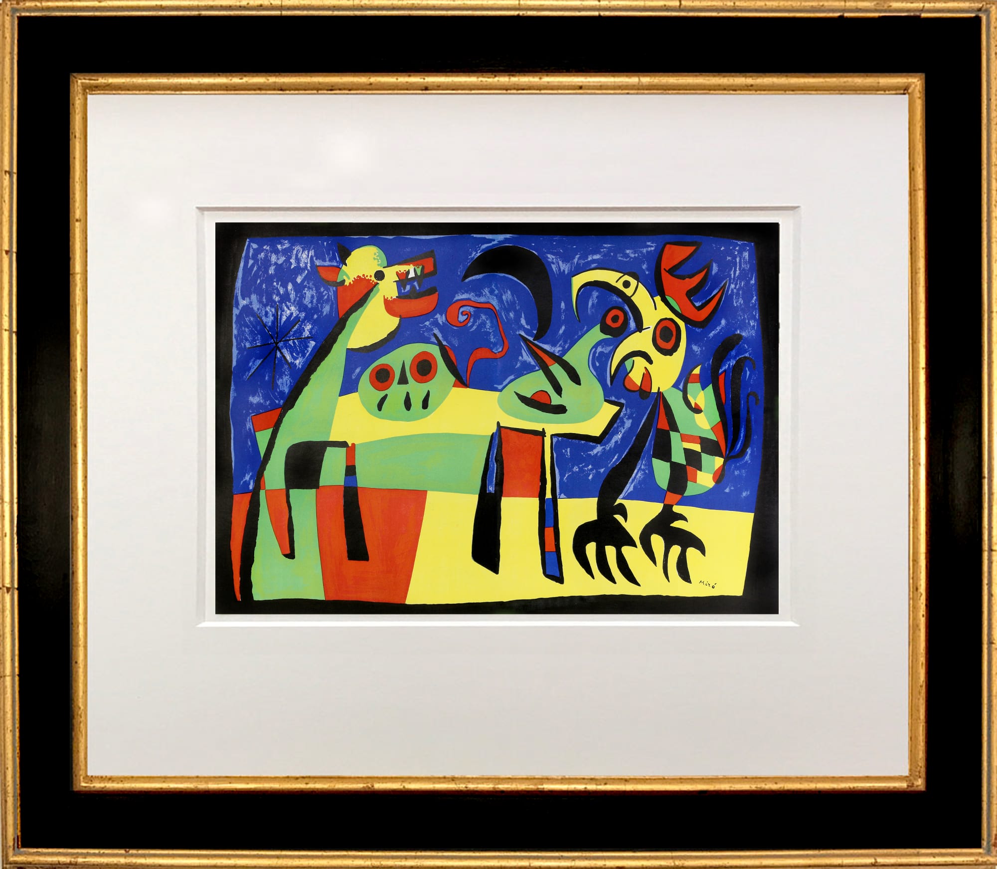 joan miro figures and dog in front of the sun