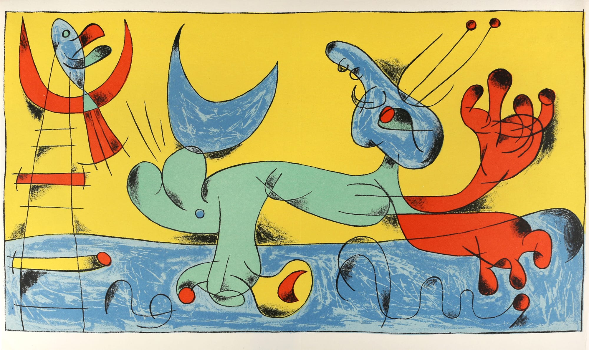 joan miro figures and dog in front of the sun