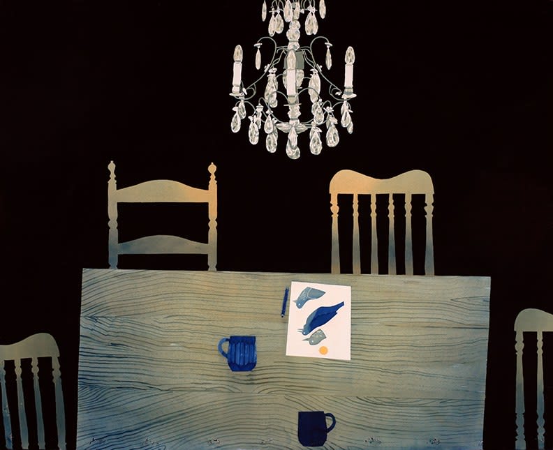 Casey Roberts, Drawing Birds at Breakfast (Dining Room Table)