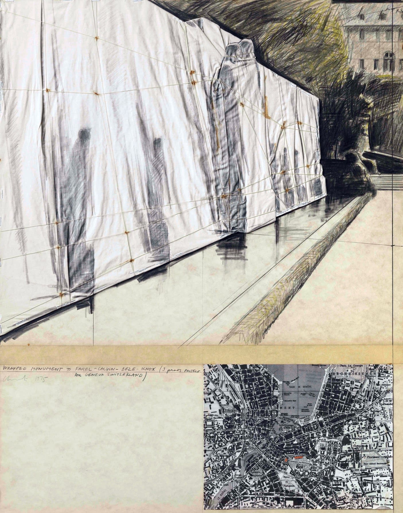 Christo JAVACHEFF, Wrapped Monument To Farel, Calvin, Beze, Knox (3 Parts Project for Geneva, Switzerland), 1975
