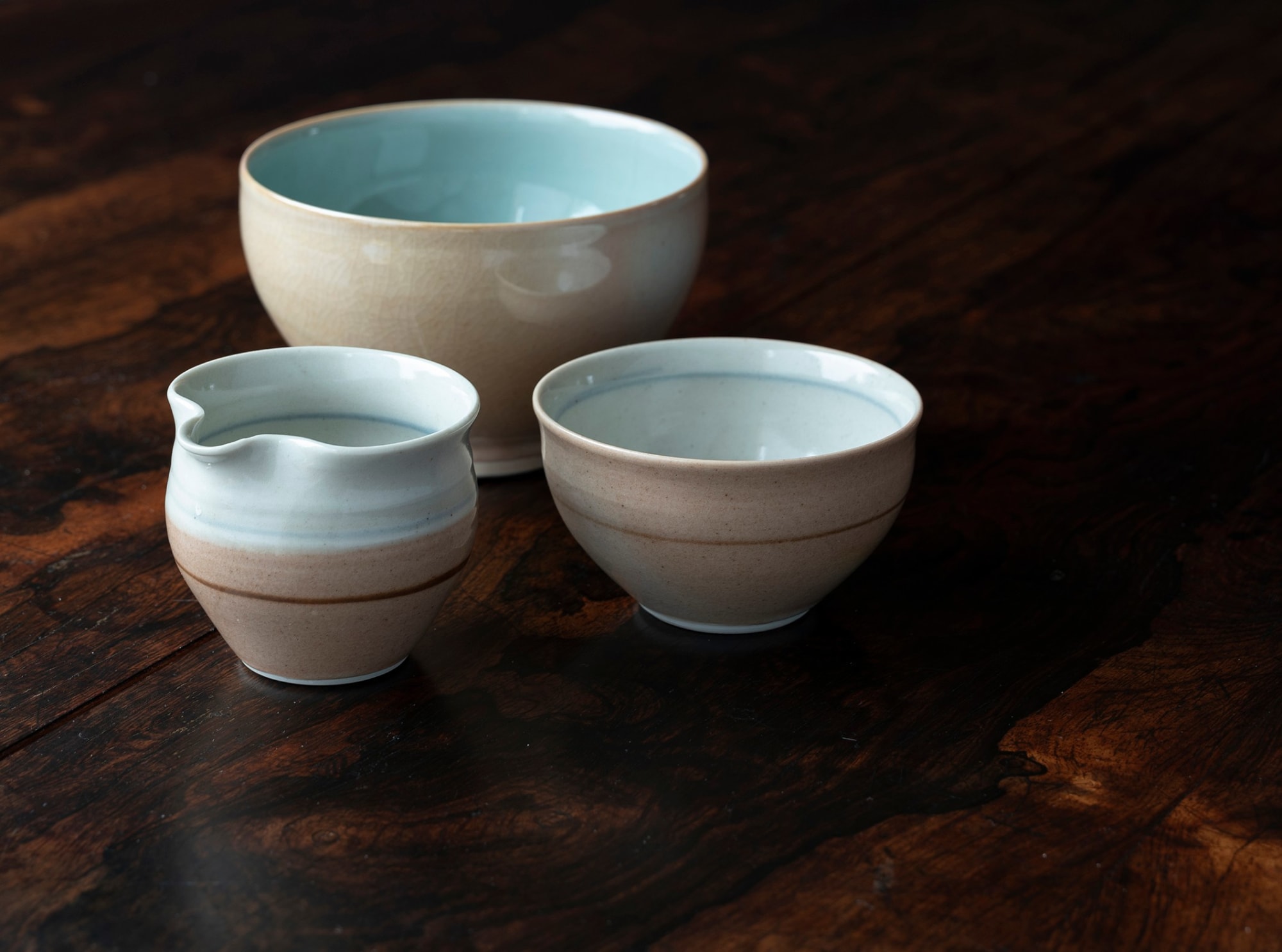 Gwyn Hanssen Pigott, Small Cream and Brown Jug & Bowl with Blue Line