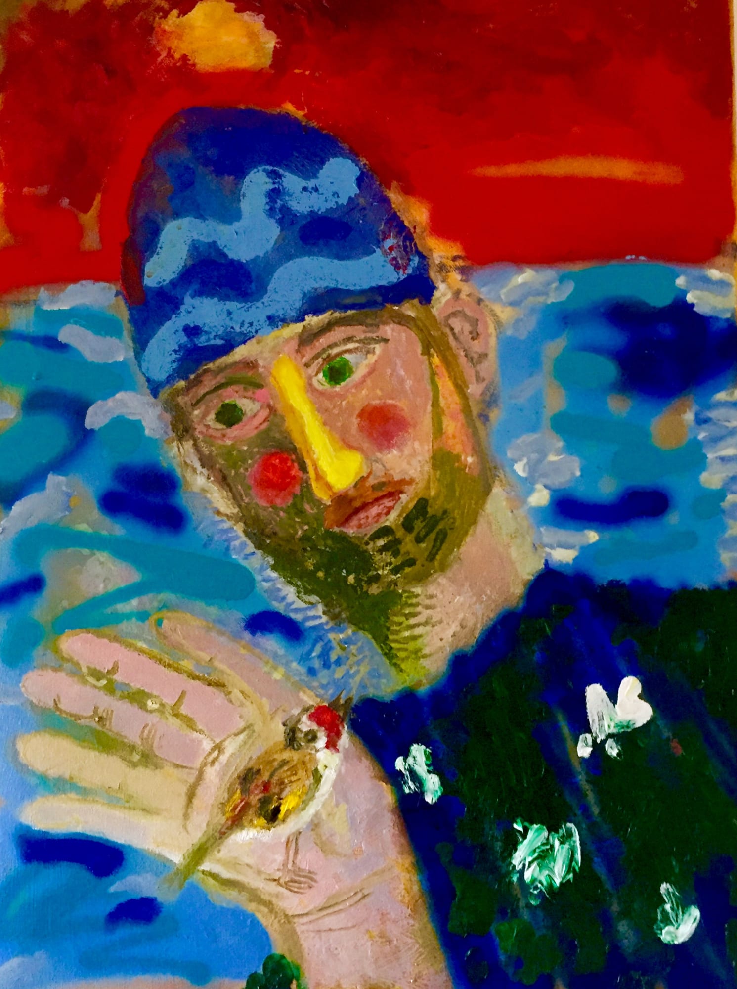 Alan Parker, Self portrait with an exhausted Goldfinch far, far