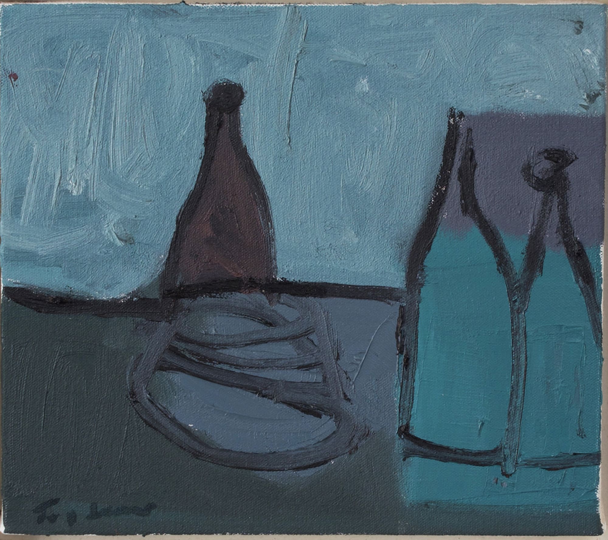 Tony Scrivener, Three Bottles with Piled Stones