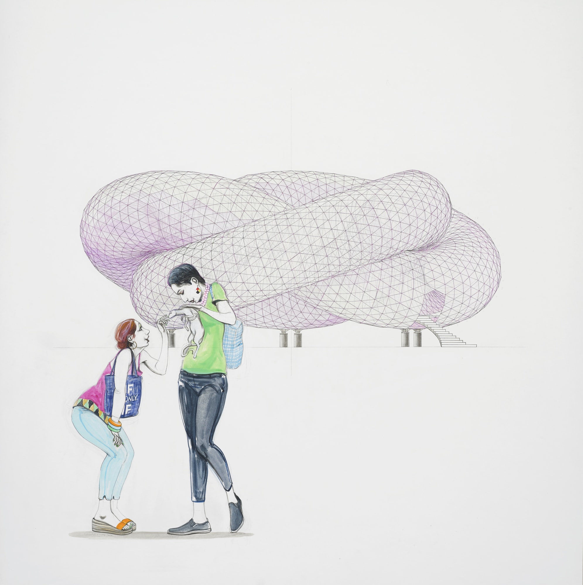 Charles Avery, Untitled (Couple with Pet in front of Pavilion) , 2020
