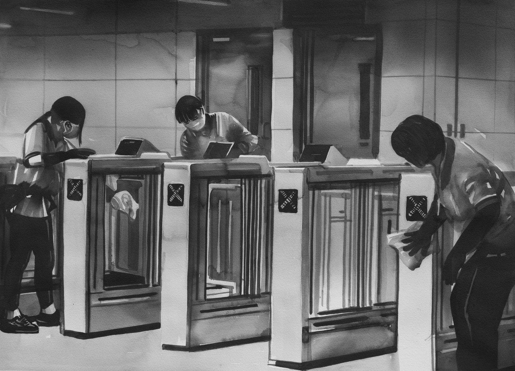 Radenko Milak, Cleaners wipe down gates in the arrival hall at Hong Kong High Speed Rail Station on January 29, 2020, 2021