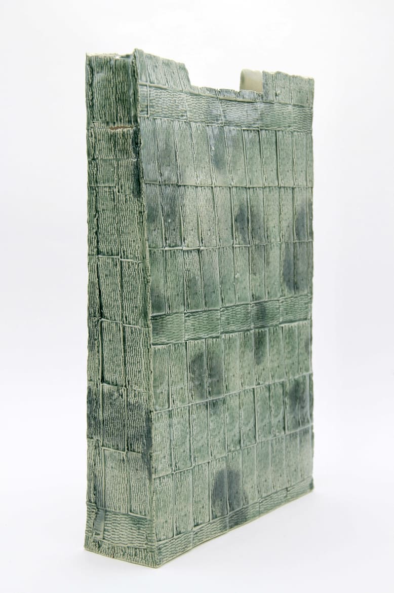 Ella Porter, Jade beaded sculptural vessel with dark patches, Kintsugi repair bottom corner, 2024