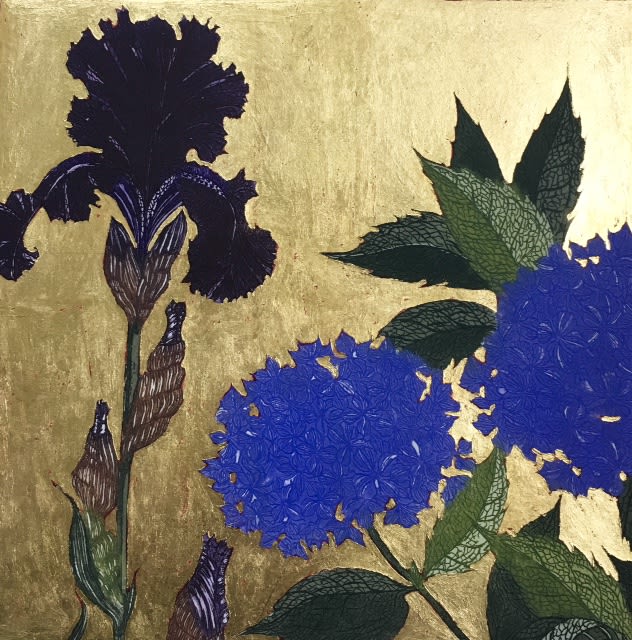 Jean Bardon, Dark Iris & Blue Hydrangea