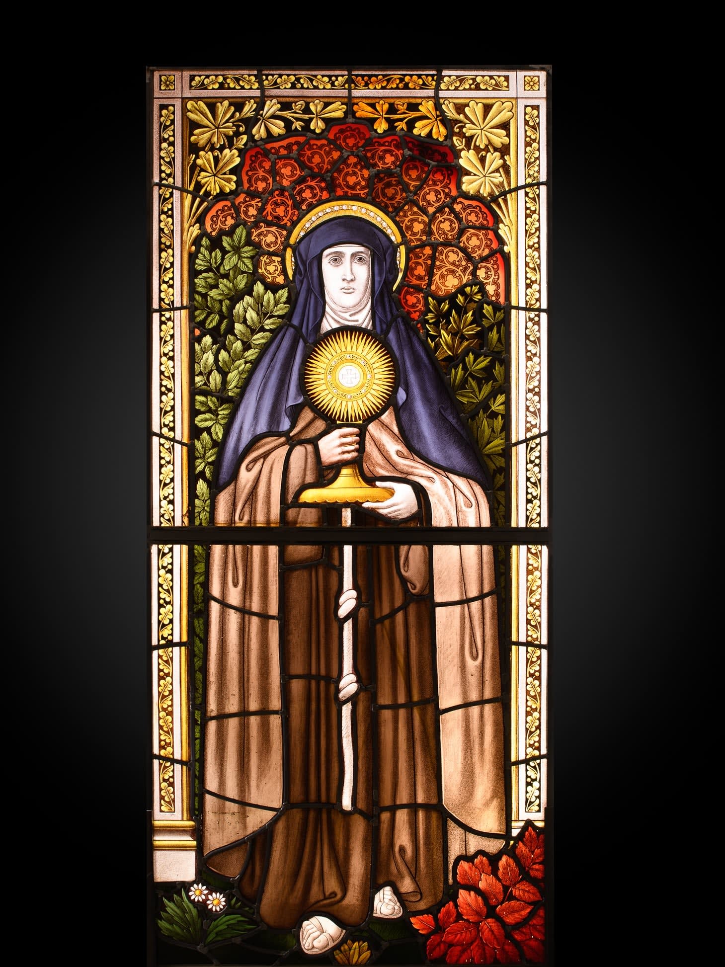 19th C, Neo-Gothic Stained-Glass Window with Saint Clare of Assisi, Belgium, 163 x 73 cm, 19th