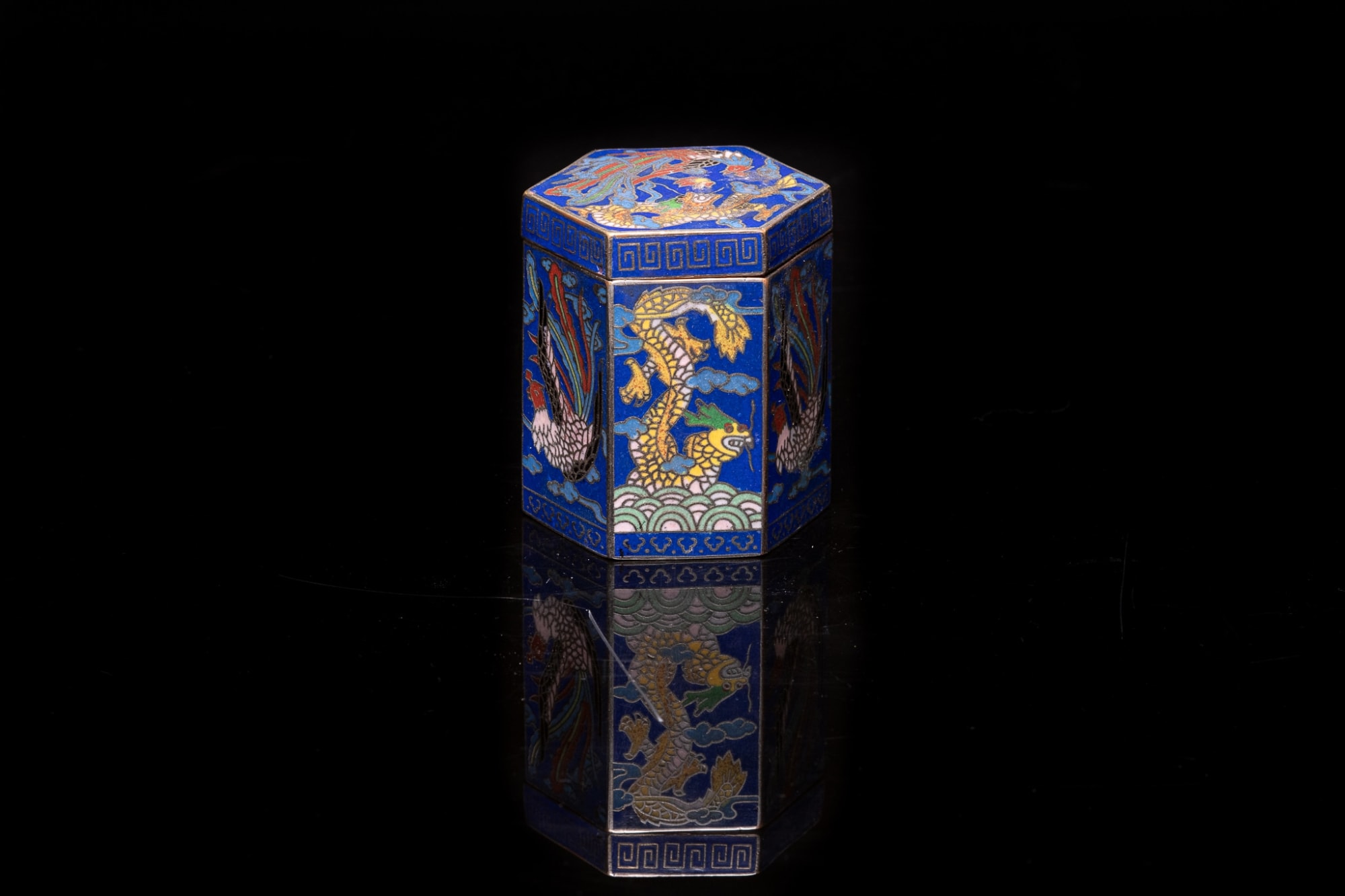 Antique Hexagonal Chinese Opium Boxes in Cloisonné Enamal , decorated with a Dragon and a Phoenix. The Rectangular Box is decorated with Vases and Flowers. ,
