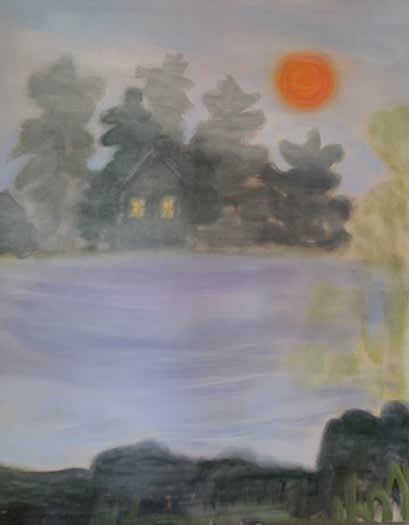 Kathryn Lynch, House on Lake with Sun, 2021