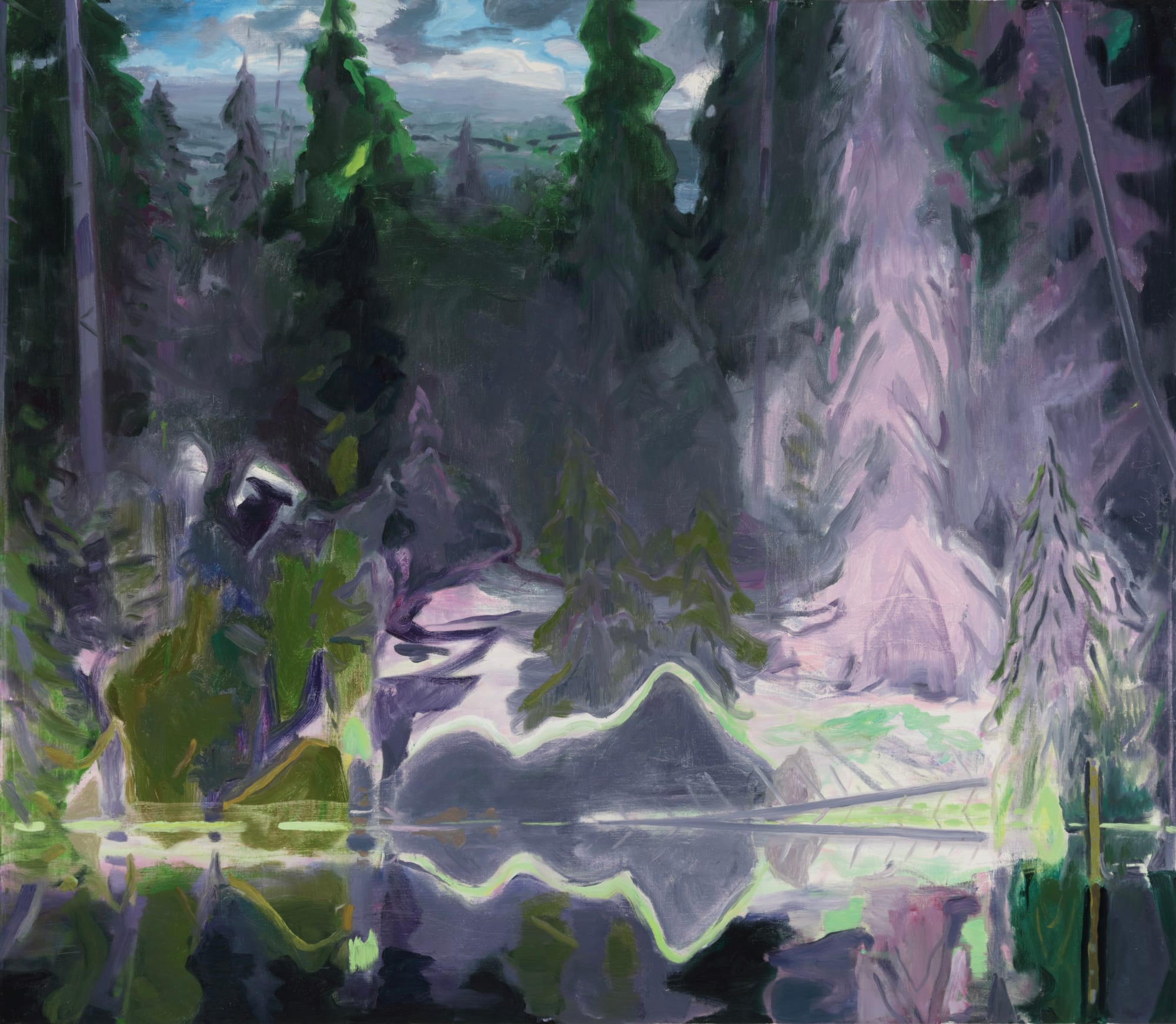 Eric Aho, Mirrored Lake in a Violet-Dark Forest, 2022