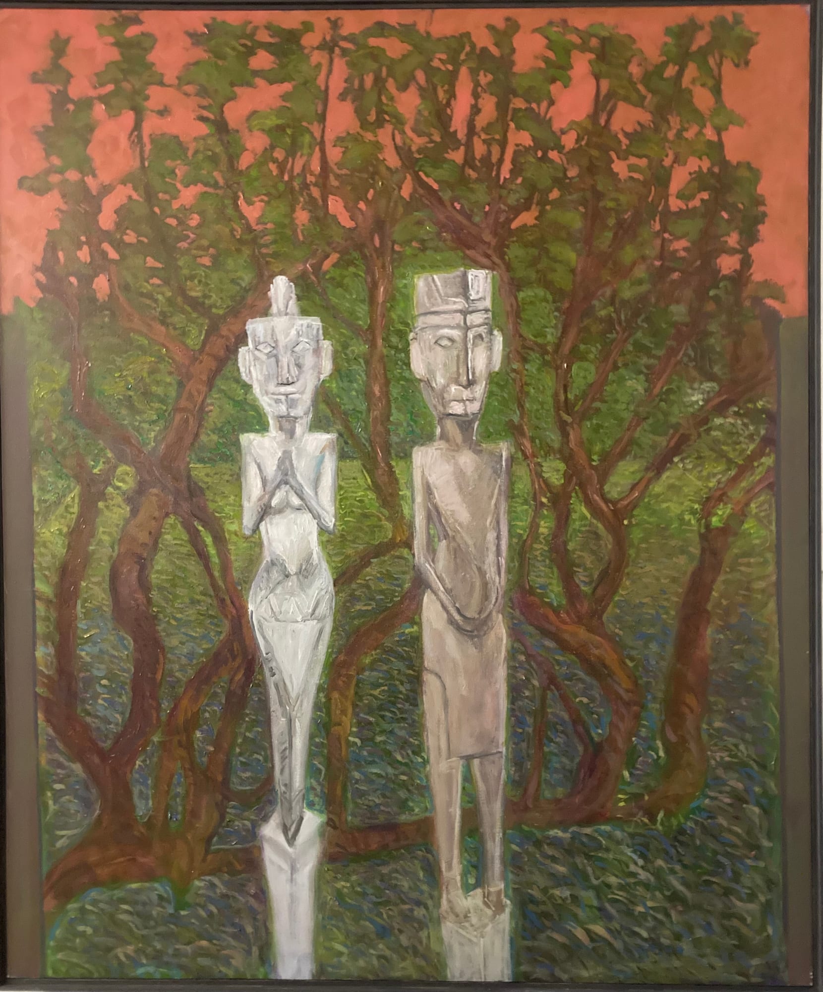 Brian Bourke, Wood-carved Indonesian Figures in Garden
