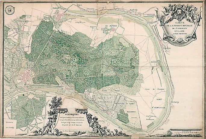 M. Caron, Carte de la Forest Royalle de St. Germain en Laye & Ses Environs,1686 ink and watercolor on paper 21 1/2 x 30 3/4 inches