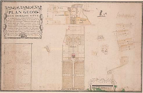Claude-Claire Niépce Plan Géometrique d’un Domaine situé a Corcelles (Gauthier), 1788 ink, pencil and watercolor on paper 24 3/4 x 40 inches