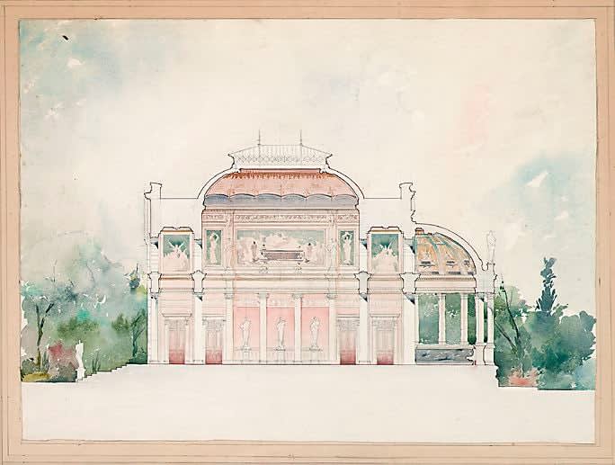Jules-Germain Olivier Un Edifice de Bains: Coupe Montrant les Murs et Decors Interieurs et Environnement de Jardins Exterieurs, 1890-1900 Etait a l’origine monte sur le mem carton que le precedent watercolor on paper 18 3/4 x 25 inches